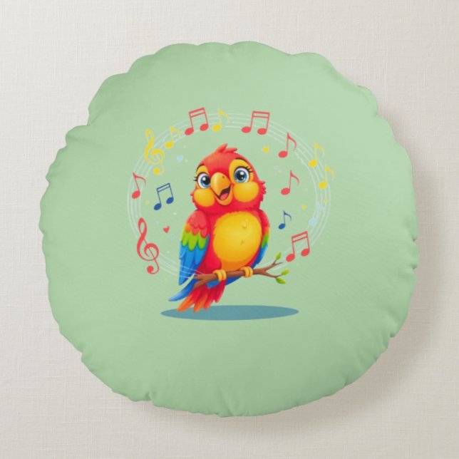 **Singing Parrot – Cute Parrot Singing Illustratio Round Pillow (Front)