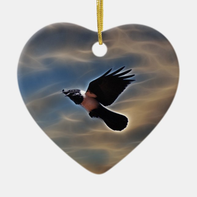 Singing raven in flight ceramic ornament (Front)