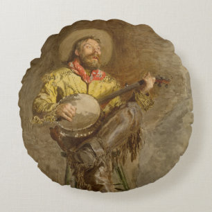 Singing Spanish Cowboy w Banjo Playing Trail Song Round Pillow