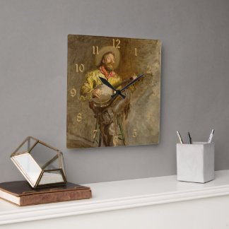 Singing Spanish Cowboy w Banjo Playing Trail Song Square Wall Clock