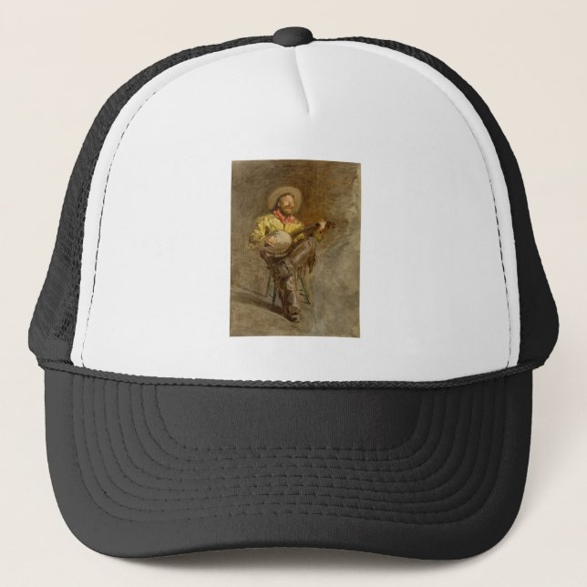 Singing Spanish Cowboy w Banjo Playing Trail Song Trucker Hat (Front)