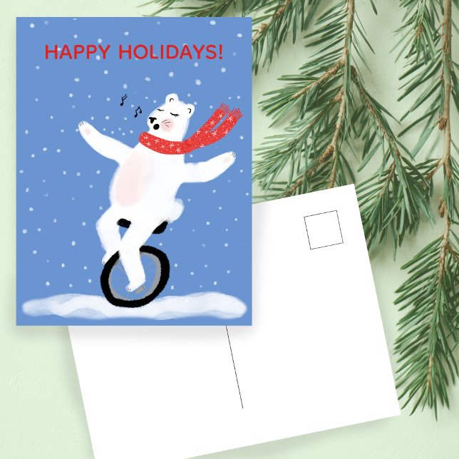 Singing Unicycle Polar Bear Christmas Cute Custom Holiday Postcard (Singing Unicycle Polar Bear Christmas Cute Custom Holiday Postcard
)