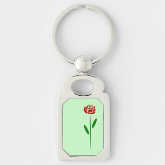 Single Art Deco Red Rose Green Leaves and Stem Keychain