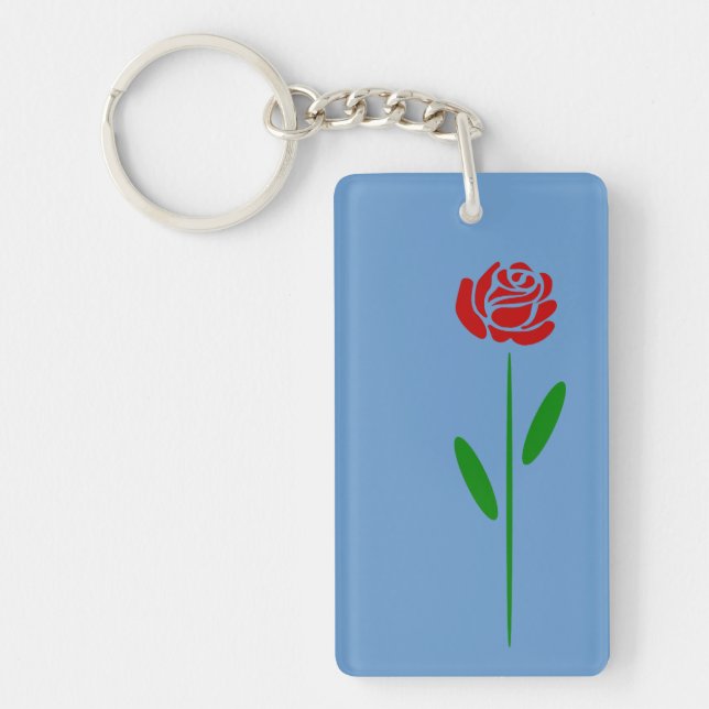 Single Art Deco Red Rose Green Leaves and Stem Keychain (Front)