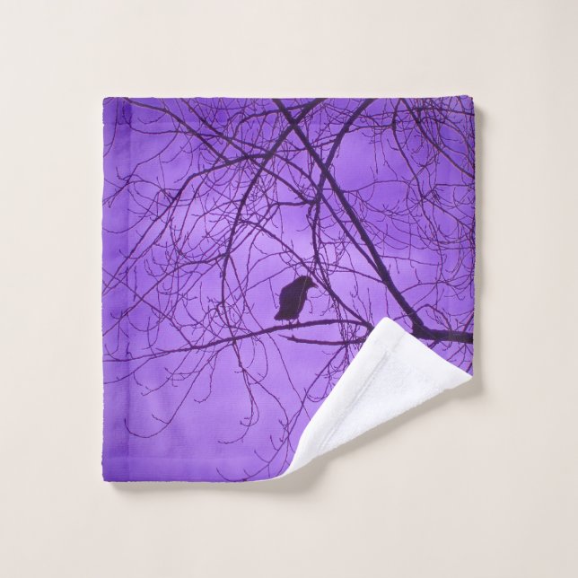 Single Black Crow Sitting in Tree Branches Purple Wash Cloth (Wash Cloth)