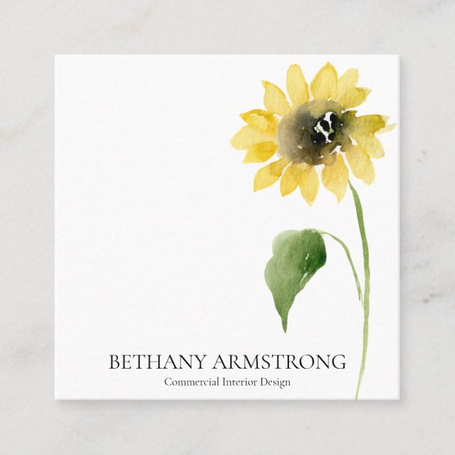 Single Black & White Sunflower Stem II Square Business Card (Front)