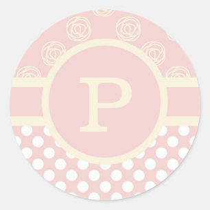 Single Custom Monogram Polka Dot and Roses Classic Round Sticker
