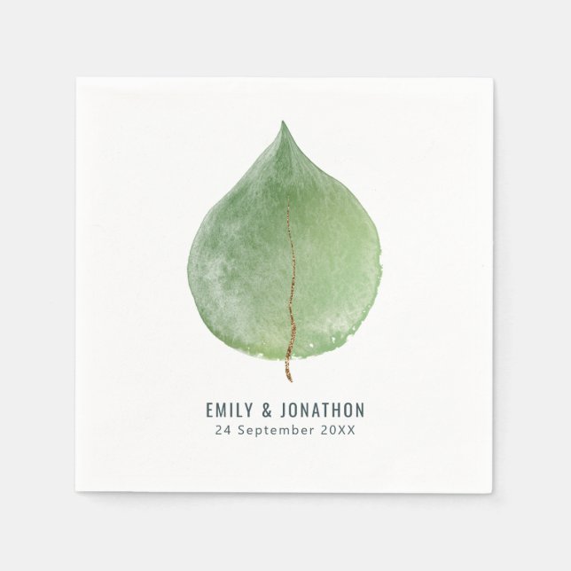 Single Green Eucalyptus Leaf Names Date Wedding Napkin (Front)