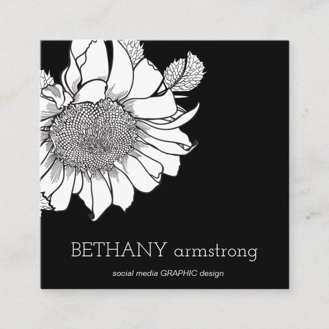 Single Hand Drawn Sunflower Stem Black & White Square Business Card (Front)