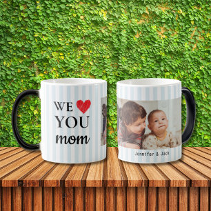 Single Heart Blue Stripes We Love You Mom Photo Magic Mug