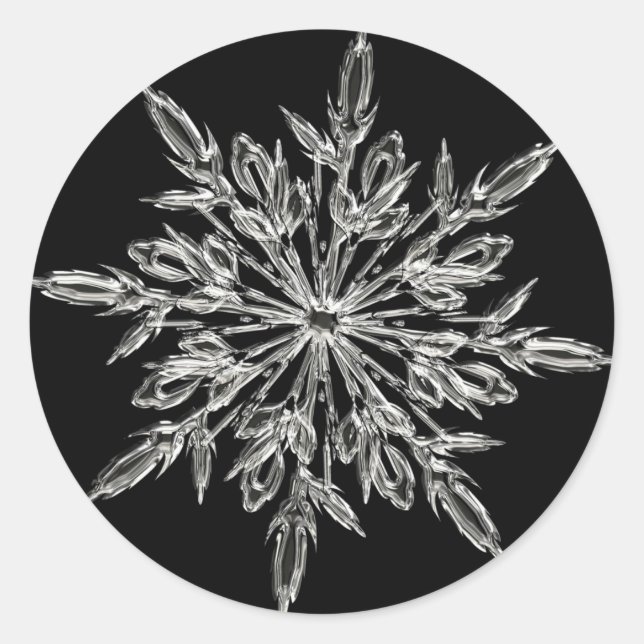 Single Ice Crystal on Black Classic Round Sticker (Front)