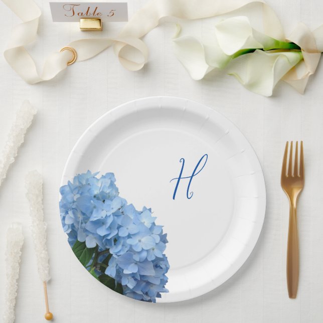 Single Initial Blue Floral Wedding  Paper Plate (Wedding)