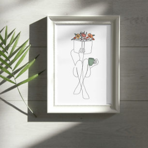 Single Line Art of a Bookish Girl Reading Poster