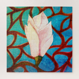 Single Magnolia Flower Pink Teal Template Spring Jigsaw Puzzle