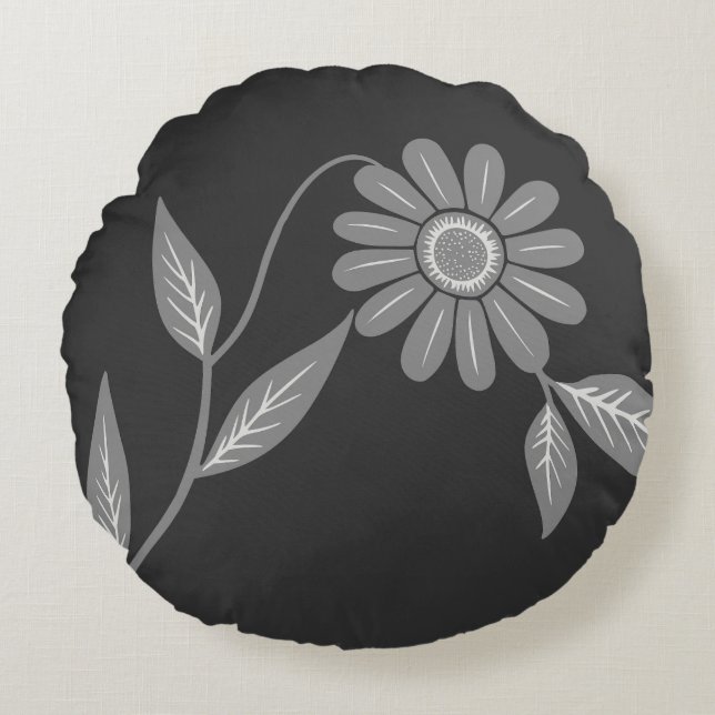 Single Mid Century Daisy Charcoal Round Pillow (Front)