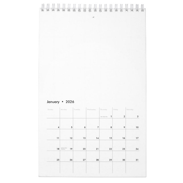 Single Page SmallCalendar, White Calendar (Jan 2026)