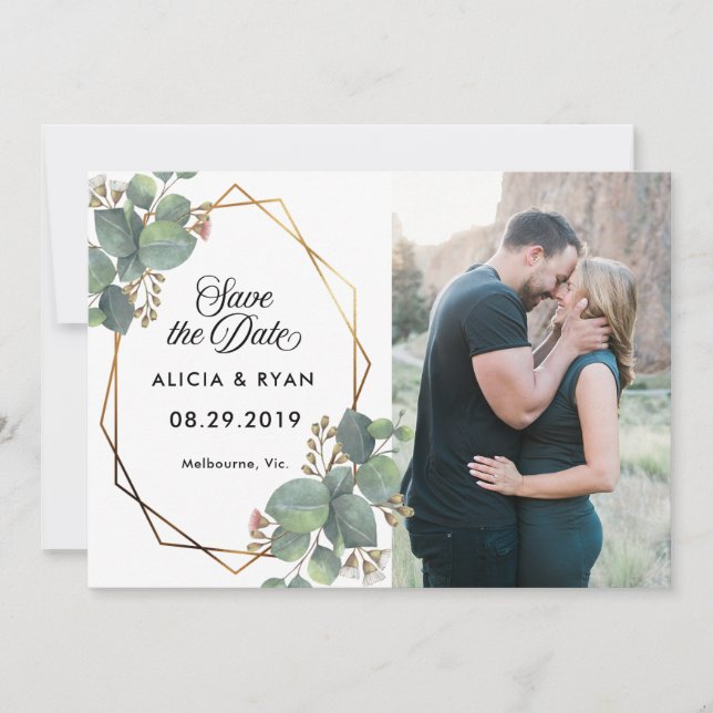Single photo eucalyptus geo frame save the date (Front)