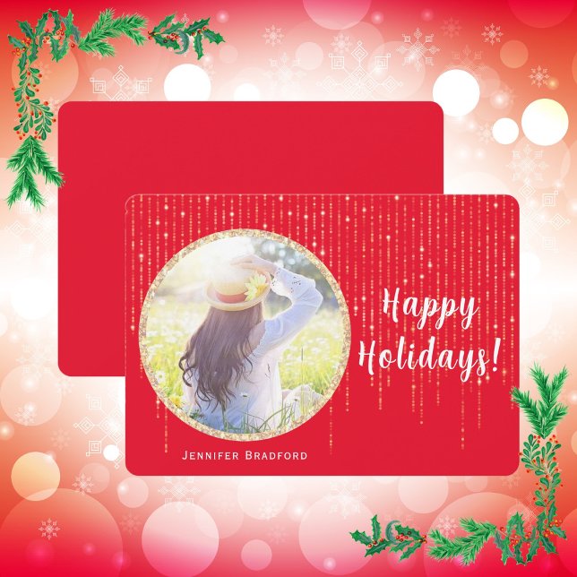 Single Photo Red Happy Holidays Gold Glitter Holiday Card (Happy Holidays Single Photo Red Holiday Card)