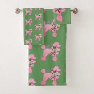 Single Pink French Poodle on Green Bath Towel Set