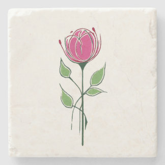 Single Pink Glasgow Style Rose Stone Coaster