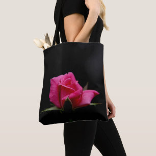 Single Pink Rose Bloom on Black Tote Bag