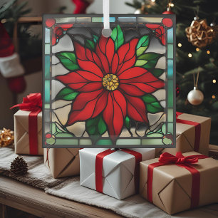 Single Poinsettias Faux Stained Glass Ornament