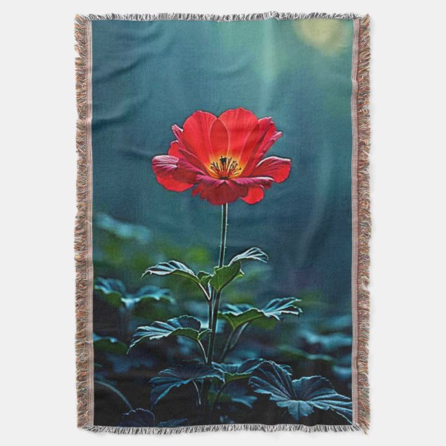 Single Red Bloom Focus Design Throw Blanket (Front Vertical)