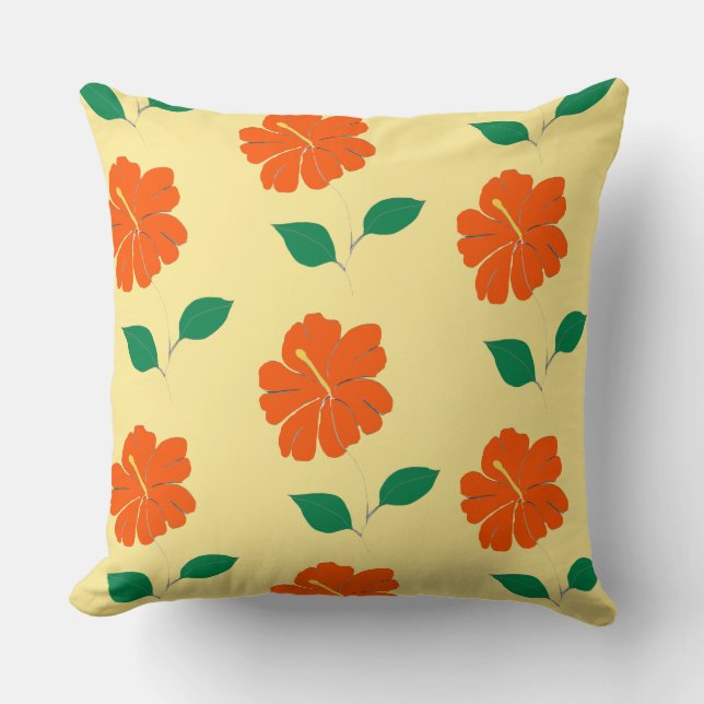 Single Red Orange Hibiscus on Yellow Background Throw Pillow (Front)