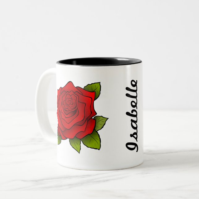 Single Red Rose Art Personalised Two-Tone Coffee Mug (Front Left)