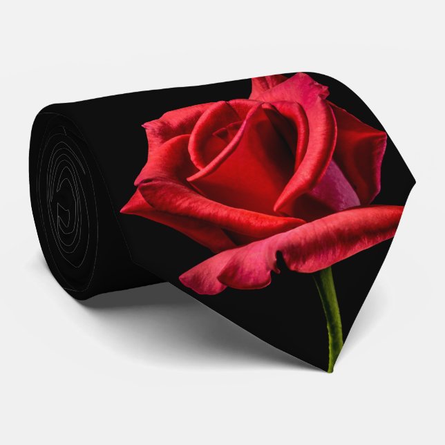 Single Red Rose Black Background Tie (Rolled)