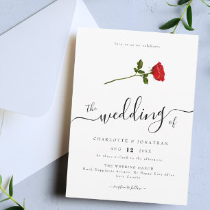 Single Red Rose Elegant Script Minimalist Invitation