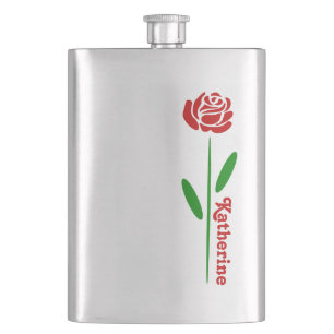 Single Red Rose Green Stem Leaves Customize Name Hip Flask