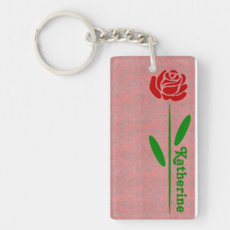 Single Red Rose Green Stem Leaves Customize Name Keychain
