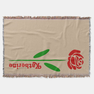 Single Red Rose Green Stem Leaves Customize Name Throw Blanket