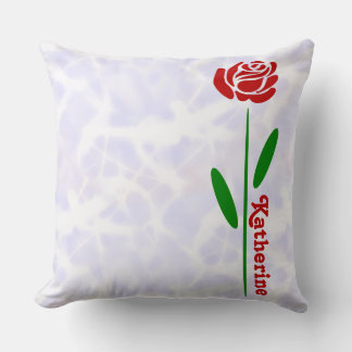 Single Red Rose Green Stem Leaves Customize Name Throw Pillow