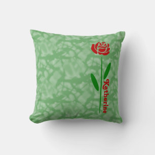 Single Red Rose Green Stem Leaves Customize Name Throw Pillow