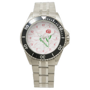 Single Red Rose Green Stem Leaves Customize Name Watch