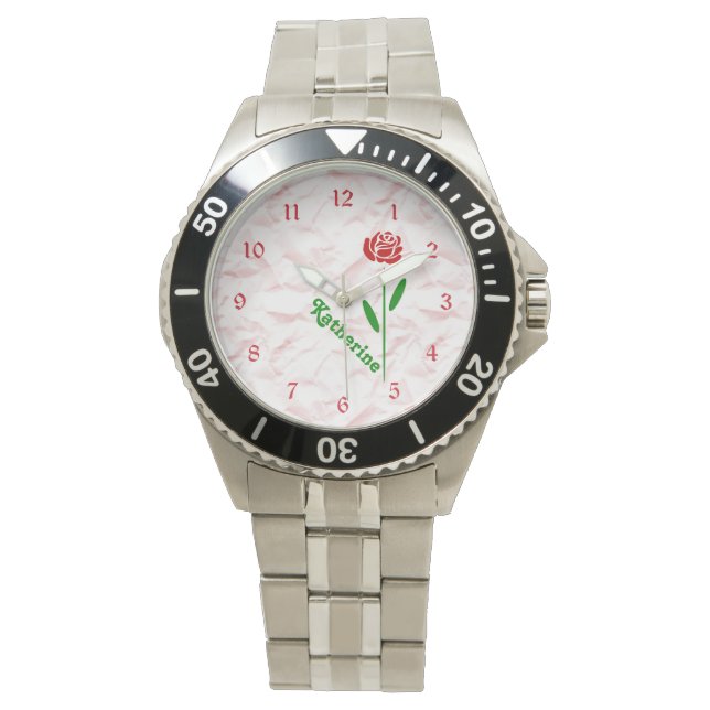 Single Red Rose Green Stem Leaves Customize Name Watch (Front)