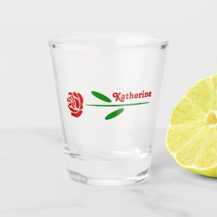 Single Red Rose Green Stem Leaves Personalized Shot Glass