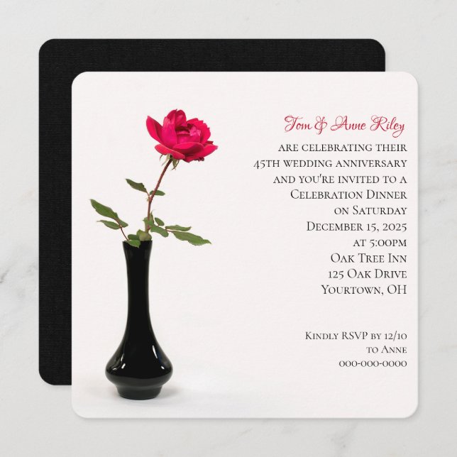 Single red rose in black vase anniversary invitation (Front/Back)