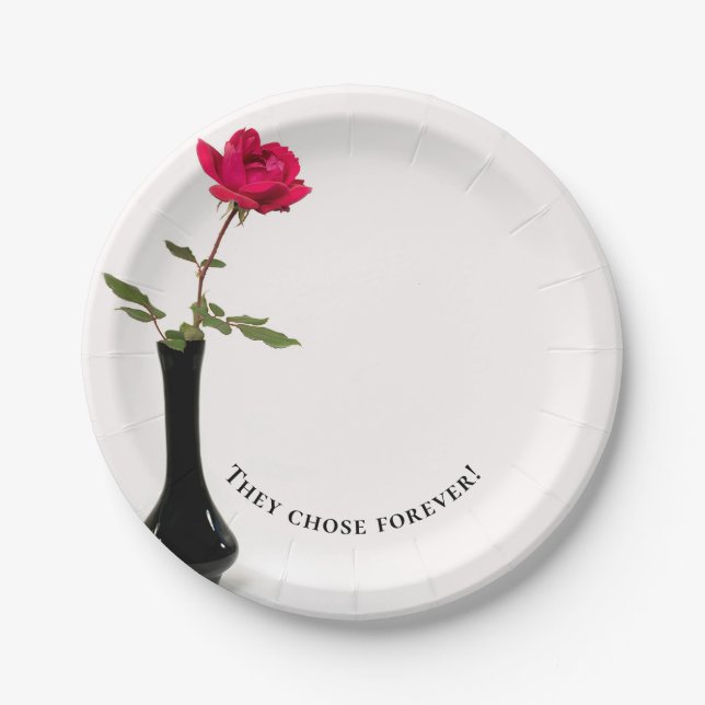 single red rose in black vase paper plate (Front)