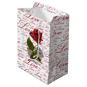 Single Red Rose Photo - Love Typography Pattern  Medium Gift Bag