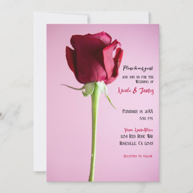Single Red Rose Pink Romantic Elegant Wedding  Invitation (Front)