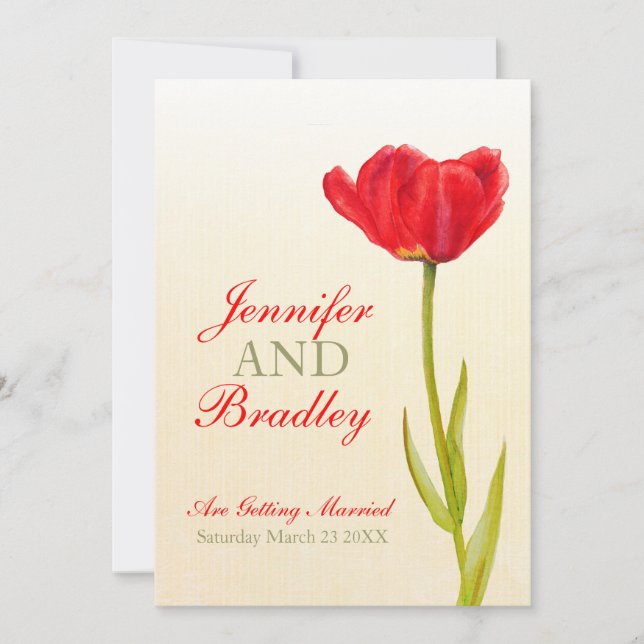 Single red tulip art wedding invitation (Front)