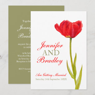 Single red tulip art white green wedding invitation
