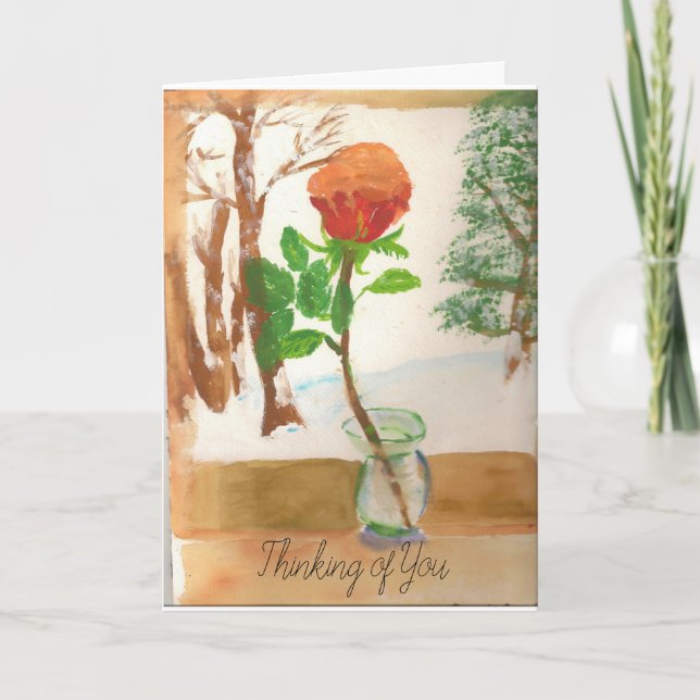 Single Rose in a vase with winter background Card (Front)