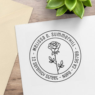 Single Rose Round Address Rubber Stamp