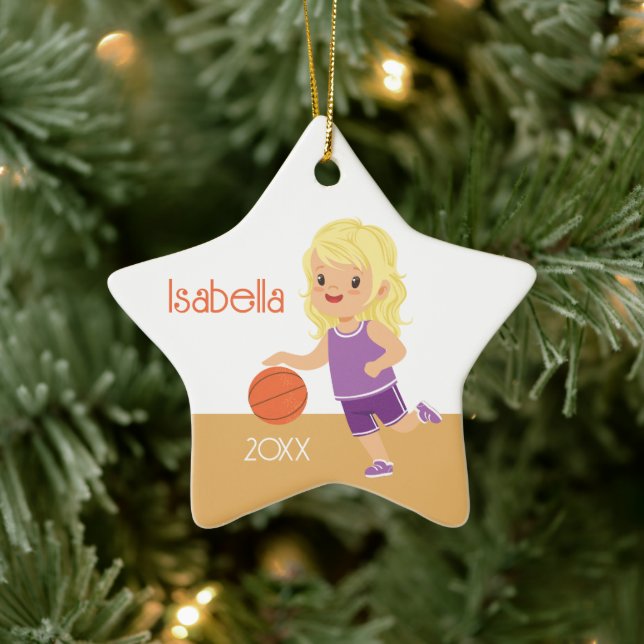 Single Sided Blonde Girl Basketball Ceramic Ornament (Tree)