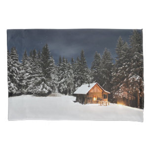 Single Standard Pillowcase with Winter Cabin
