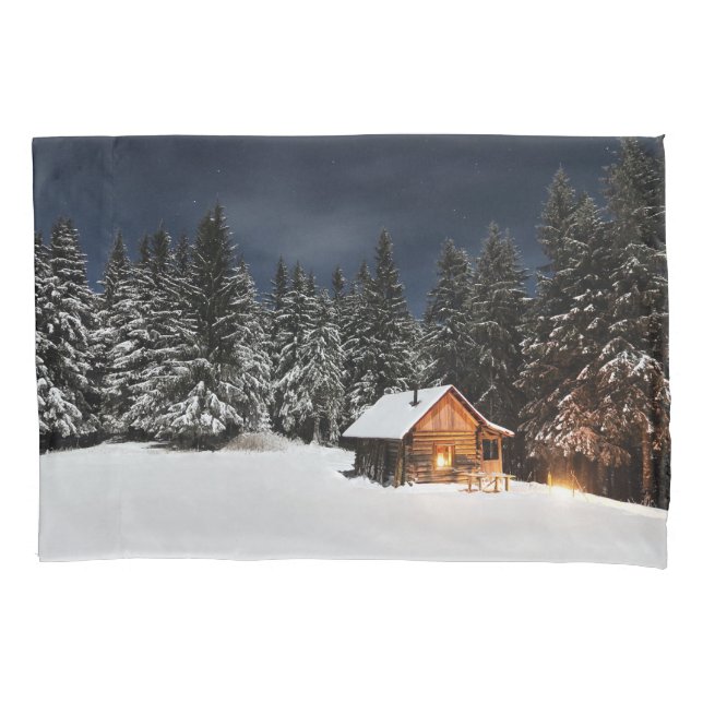 Single Standard Pillowcase with Winter Cabin (Front)